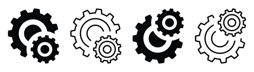 Four Variations of Black and Outline Cogwheel and Settings Icons: Simple, Bold, and Modern Graphic Design Elements for Business, Technology, and Engineering Concepts Illustrating Vector graphic