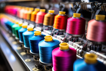 Embroidery and Sewing Setup with Colorful Thread Reels in Factory