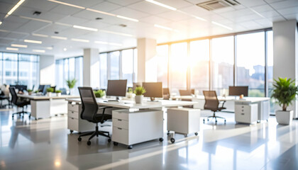 Modern Bright Office Workspace with Sunlight Streaming Through Large Windows