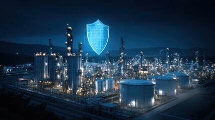 Stunning photo of industrial facility at night secured by digital shield. Cybersecurity protection visible over facility. Critical infrastructure safety concept. Modern tech.