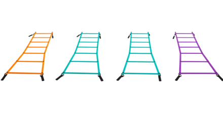 A collection of four agility ladders in orange, teal, teal, and purple on a black background