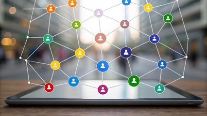 A digital network visualization showing interconnected colorful user icons above a laptop, symbolizing online communication and social networking.