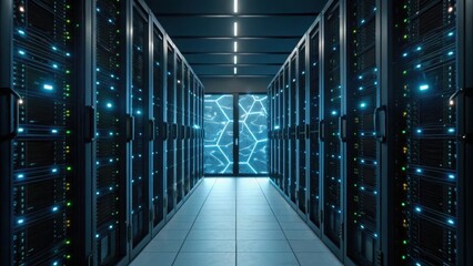 A futuristic data center aisle with illuminated server racks and digital network visuals at the end, highlighting advanced technology infrastructure.