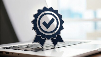 A blue quality assurance ribbon with a checkmark icon stands on a laptop keyboard, symbolizing verified or approved technology.