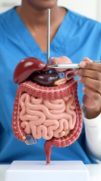 Close Up of Human Digestive System Model in Blue Scrubs with Liver Stomach Colon and Intestine