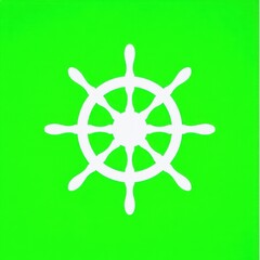 Obraz premium Centered white ship wheel symbol with eight evenly spaced spokes on a vibrant green background, creating a simple yet distinct nautical icon with stark contrast.