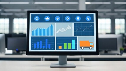A computer monitor displays various colorful charts, graphs, and icons in a modern office setting with blurred background.
