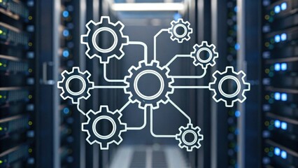 A digital network diagram with interconnected gears overlays a blurred server room, symbolizing technology and system integration in data centers.