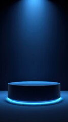 Stunning photo of background podium 3D light neon blue platform stage product abstract. Scene background 3D podium dark pedestal room glow studio empty stand floor night modern.