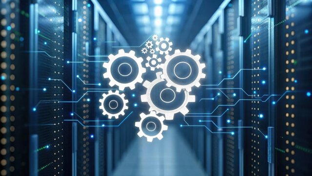 A digital illustration of interconnected gears over a blurred data center corridor, symbolizing technology, automation, and system integration.