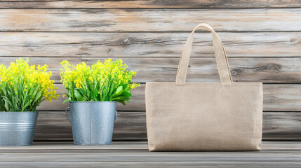 Sustainable jute bag with vibrant yellow flowers in metal pots, set against rustic wooden background, evokes warm and eco friendly atmosphere