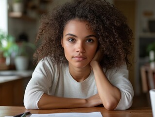 Young mixed race woman reviewing paperwork in kitchen at home