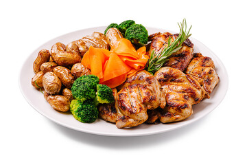 Grilled chicken with vegetables and roasted potatoes on a white plate