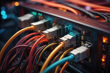 Unbelievable Close up of server rack cable management arms with labeled cables