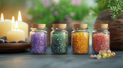 Aromatic bath salts in glass jars, colorful crystals, candles, and natural decor create serene atmosphere for relaxation and wellness