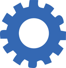 A simple bold flat design graphic of a bright blue gear with a white circular cutout in the center against a white background