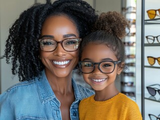 Happy Black woman and girl embracing in eyeglass store