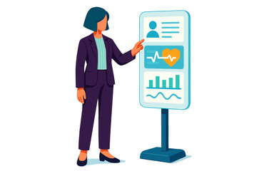 Illustration of an executive viewing medical data and health charts on a digital screen. Woman Interacting with a Digital Health Dashboard.