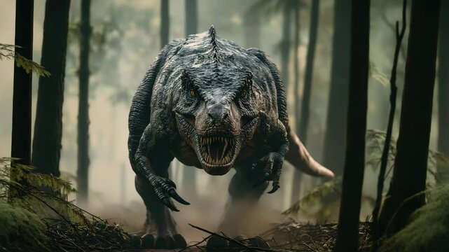 Dinosaur prehistoric forest predator carnivore fierce reptile wild nature ancient animal danger teeth claws Jurassic wildlife extinct aggressive environment scary creature natural outdoors hunting
