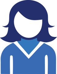 Stylized blue and white icon representing a person with a bob haircut and a v neck shirt suitable for profiles and user interfaces