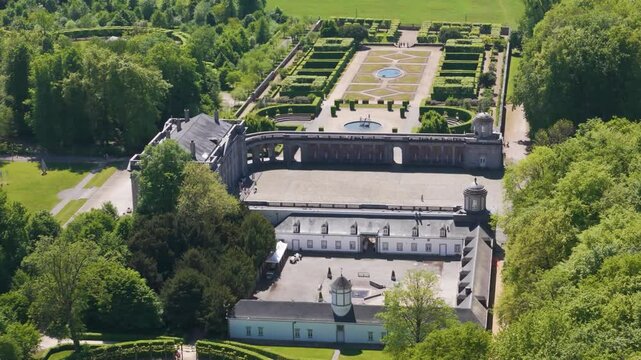 main buildings structures ch&acirc;teau seneffe along compound surrounding green covers environment adds to revealing right left pans aerial drone of de 