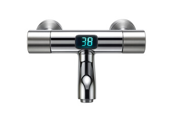 Thermostatic mixer tap with a digital display for precise temperature control, ideal for a futuristic apartment.