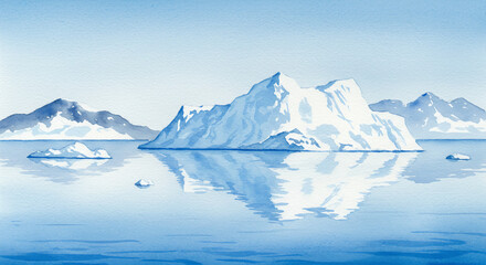 Watercolor iceberg floating in icy ocean with reflections and cold atmospheric tones