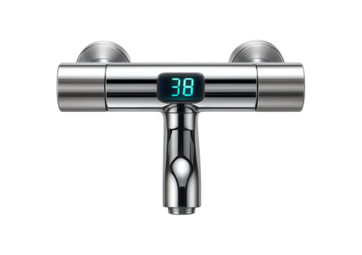 Thermostatic mixer tap with a digital display for precise temperature control, ideal for a futuristic apartment. - Powered by Adobe
