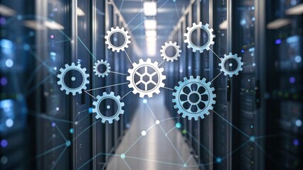 A data center corridor with server racks, overlaid with interconnected digital gears representing technology and network systems.