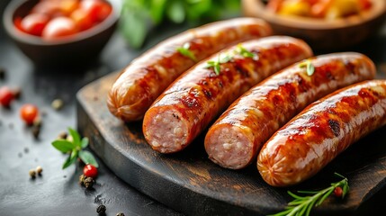 Homemade sausage surrounded by green on black board. 3