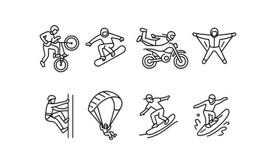 Fototapeta premium Adventure sports linear icon set. cycling, snowboarding, surfing, and paragliding icons