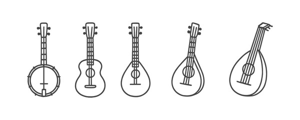 Musical instrument line icon set. guitar, violin, mandolin, banjo collection