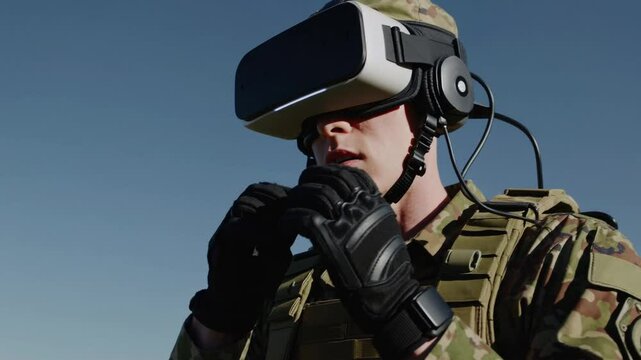 Military personnel uses virtual reality headset for training in open field under clear sky