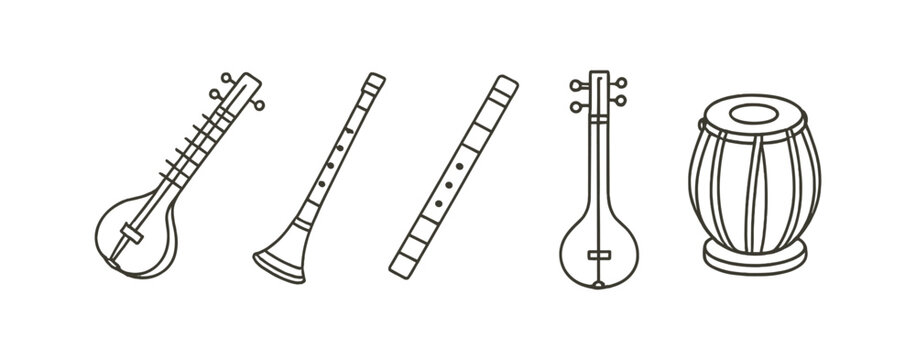Indian musical instruments outline icon set. classical and traditional music symbols