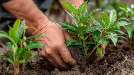 Closeup hands squeezing the soil of a newly planted small tree. 3