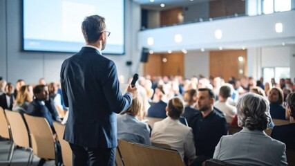 Engaging corporate conference: Businessman presenting to diverse audience at seminar