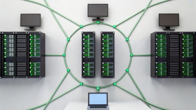 Networked servers connected by cables to a central laptop, illustrating data exchange and system integration in a modern data center. - Powered by Adobe