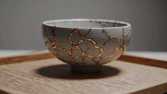 Unique art of kintsugi displayed in a beautifully crafted bowl with gold seams on a wooden tray