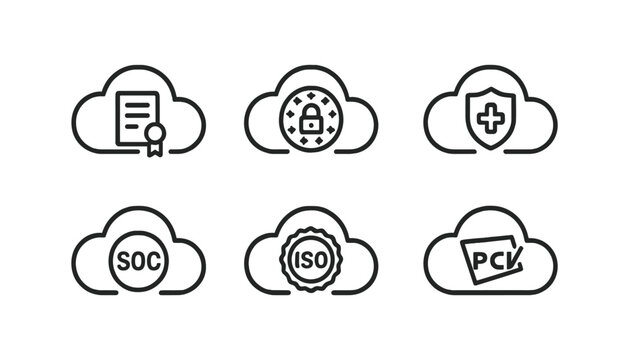 Cloud security and compliance icon set. certification and protection icons outline style
