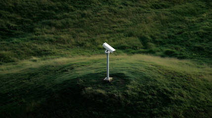 Grassy Hill with Security Camera Pole, Isolated Surveillance on Green Hilltop