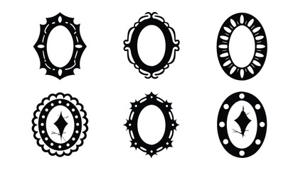 Collection of six decorative oval frames with varying designs in black and white colors isolated