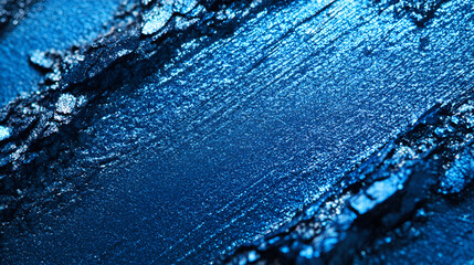Close-up of vibrant metallic blue texture with iridescent shimmer and rough edges, cosmetic eye shadows