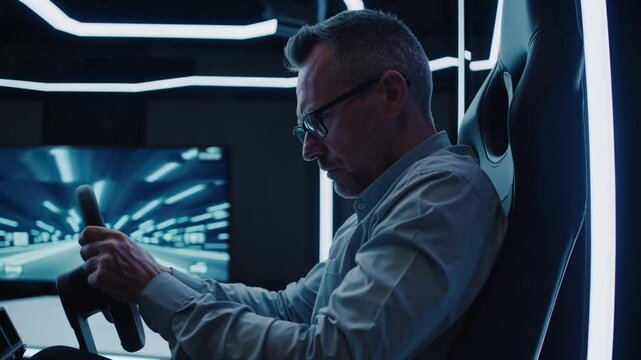Man engaged in immersive driving simulation with advanced technology at a futuristic gaming venue