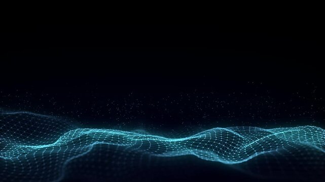 Dark cyberspace in digital background. Abstract technology blue wave with motion glowing dots and lines. Connection big data. Futuristic wireframe texture. Analysis network connection. 3D rendering. - Powered by Adobe