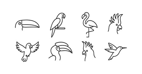 Birds outline icon set. toucan, parrot, flamingo silhouette icons in a minimalist style