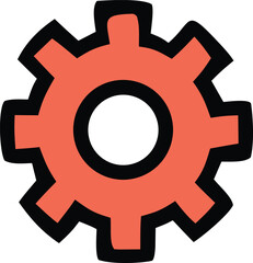 A simple stylized coral colored gear icon with a bold black outline and a white center representing mechanics and industry