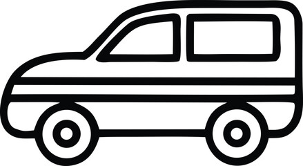 Simple black and white outline icon of a compact suv vehicle with two windows and two wheels