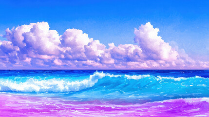 Vibrant watercolor painting of serene ocean scene featuring gentle waves, fluffy clouds, and bright blue sky. colors evoke sense of calm