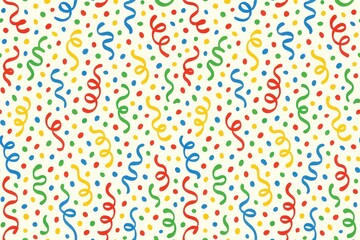 Festive Confetti Pattern with Colorful Circles, Stripes, and Spirals