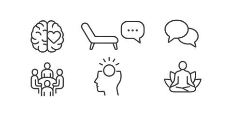 Fototapeta premium Mental health, wellness outline icon set. therapy, meditation, mindfulness symbols
